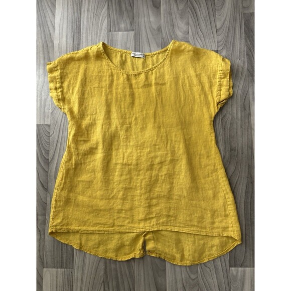 Terzo Millennio Italy Linen Tunic Size Medium Yellow Button Back Lagenlook Hi Lo - Picture 10 of 11